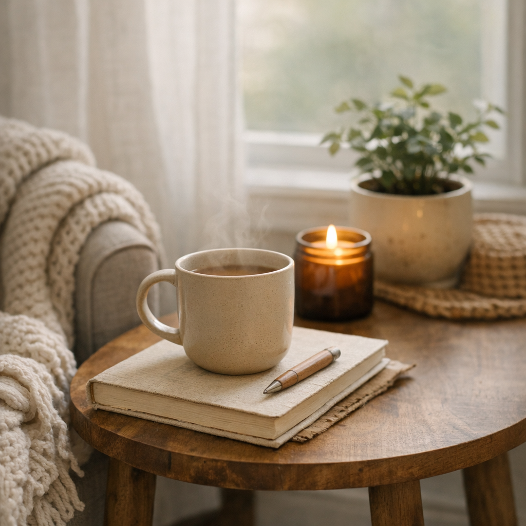 A cozy morning scene with a steaming mug, candle, and soft blanket on a wooden table near a sunlit window — evoking calm and gentle routines.