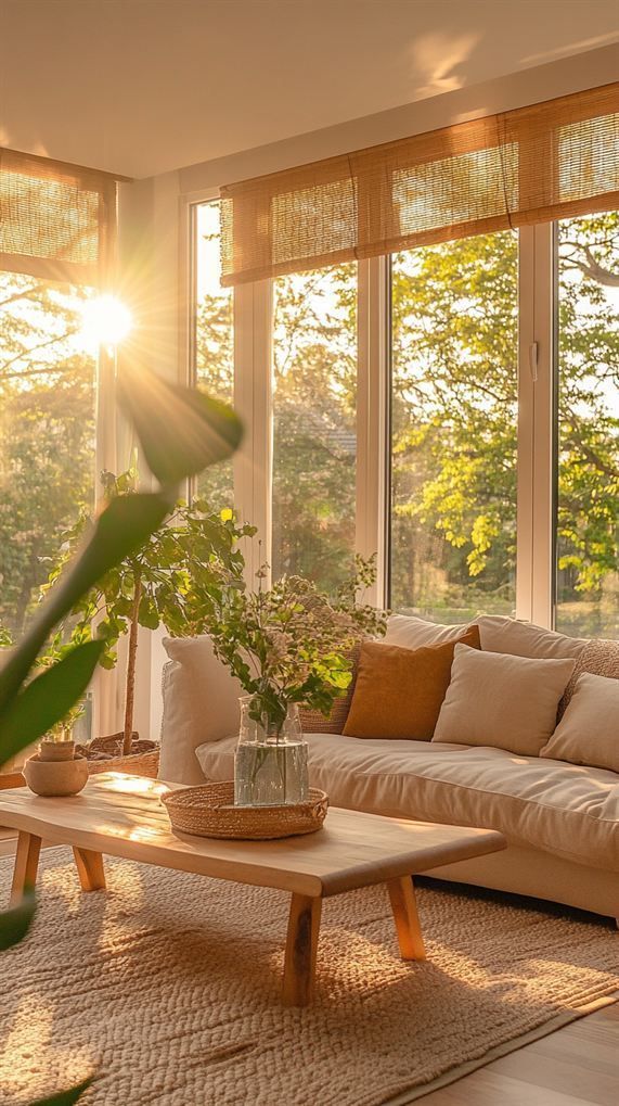 A cozy living room corner bathed in soft natural daylight, with a beige sofa, folded knit blanket, and a wooden table holding a white mug, open book, and small vase of dried flowers.