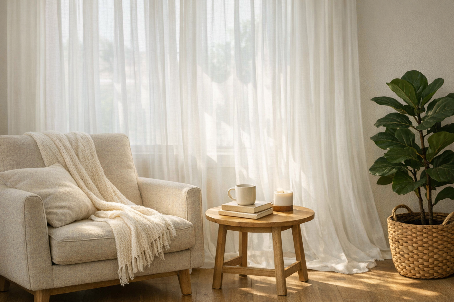 Alt text: Cozy corner with sheer curtains for a light airy home — sunlight filtering through soft white fabric, a beige chair with a throw blanket, and a small wooden table with a mug and plant creating a calm, peaceful space.